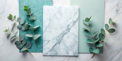 Poster - Natural Green Branches and Marble Square Layout on White Background