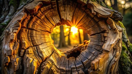Aufkleber - A weathered tree trunk, its hollow core revealing a sun-drenched forest scene, the light filtering through the leaves like a golden halo