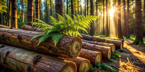 Poster - Sunlight filters through the trees, illuminating a fern perched atop a pile of felled logs, a testament to the cyclical nature of life and renewal in the forest.