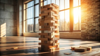 Poster - A towering wooden block structure stands precariously in a sunlit room, casting long shadows on the wooden floor.