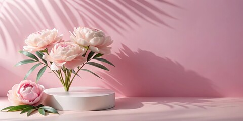Poster - Soft Pink Peonies in a Floral Arrangement on a White Pedestal with a Palm Leaf Shadow on a Pink Background