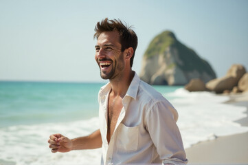 Wall Mural - A person standing by the ocean, great for travel or outdoor theme