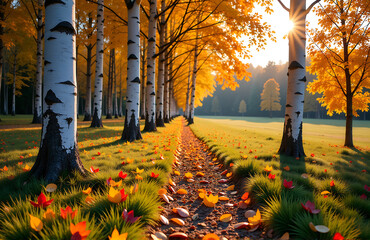 Wall Mural - colorful fallen leaves blanket grass birch grove sunny autumn day siberian