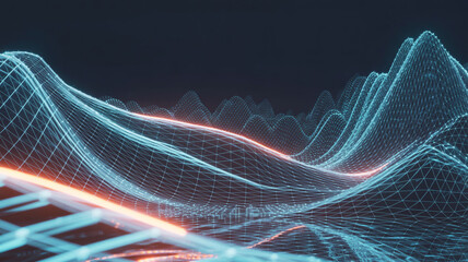 Abstract wireframe landscape with blue grid and orange lines against a dark background design