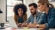 © Richafuji - Three colleagues focused on a laptop screen in a bright office setting natural daylight illuminates their collaborative effort. They are dressed in casual attire creating a productive atmosphere.