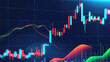 © ＣＲＥＡＴＩＶＥ- 3.4 - High-resolution futuristic financial trading chart interface with candlesticks, moving averages, indicators, and dynamic 3D effects on a sleek navy blue grid background.
