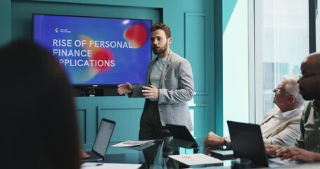 Poster - Presentation, meeting and businessman in office with team for rise of personal finance applications. Discussion, screen and speaker with bankers on financial loan, investment or capital for company.