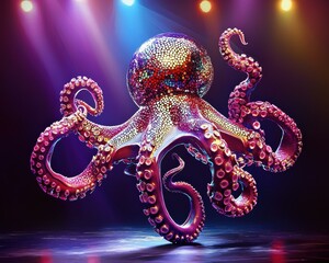 Wall Mural - A vibrant octopus, illuminated by colorful lights. AI.