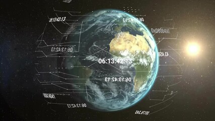 Wall Mural - sunlight appearing triggers earth rotating with data lines updating time stamps for global tracking