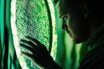 a man intently analyzes a circular screen displaying glowing green code, lost in a digital world of 