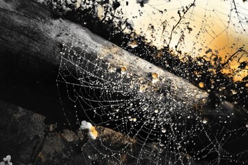 A delicate spiderweb, glistening with morning dew, stretches across a fallen log, capturing the beauty of nature in a monochromatic palette.