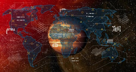 Wall Mural - on start gas giant planet getting map wrapping icons appearing grid expanding showing data network