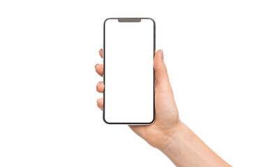 Fototapete - Woman holding cellphone with big blank screen, isolated on white background, empty space