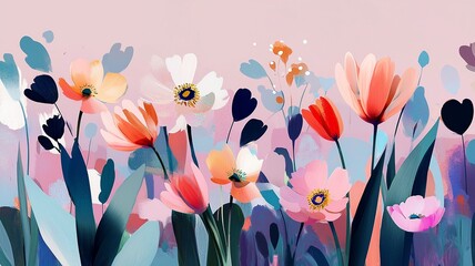 Leinwandbilder - A soft pastel vector background split in half, with one side filled with elegant flowers and the other side free for text or design.
