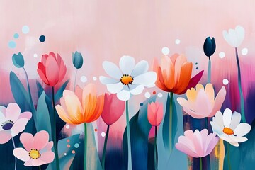 Leinwandbilder - A soft pastel vector background split in half, with one side filled with elegant flowers and the other side free for text or design.
