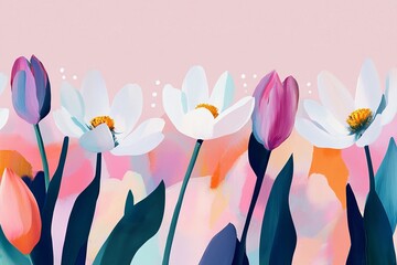 Leinwandbilder - A soft pastel vector background split in half, with one side filled with elegant flowers and the other side free for text or design.
