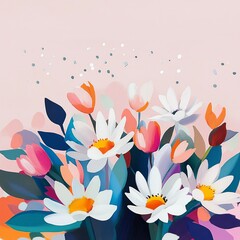 Leinwandbilder - A soft pastel vector background split in half, with one side filled with elegant flowers and the other side free for text or design.
