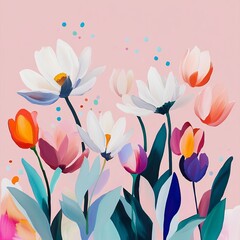 Leinwandbilder - A soft pastel vector background split in half, with one side filled with elegant flowers and the other side free for text or design.
