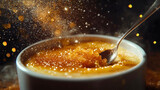 Crème brûlée with caramelized sugar crust being cracked with a spoon.