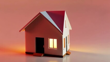 Poster - Miniature house model illuminated with warm light against a gradient background, showcasing architectural details and creative design elements in 4k resolution