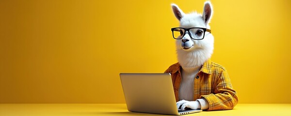 Llama wearing glasses working on laptop against yellow background. Cute alpaca character typing on computer. Concept illustration about online business, remote work, education, digital tech,