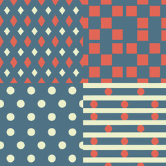 Wall Mural - seamless geometric pattern set in blue and red featuring squares, diamonds, circles and stripes
