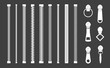 © Angela Ksen - Zipper sign set silhouette. Zipper pattern collection. Different white zippers brush elements, fasteners patterns. Vector illustration