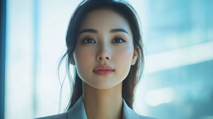 Poster - Portrait of a focused professional woman in a business meeting, engaging with colleagues in a modern office environment during the afternoon