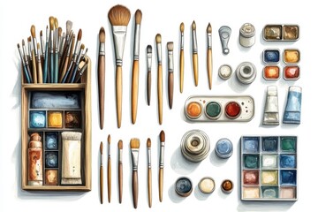 Aufkleber - Art supplies laid out on a table with various brushes, paints, and easels, creating a vibrant and creative atmosphere in a studio setting