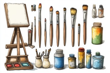Aufkleber - Art supplies laid out on a table with various brushes, paints, and easels, creating a vibrant and creative atmosphere in a studio setting