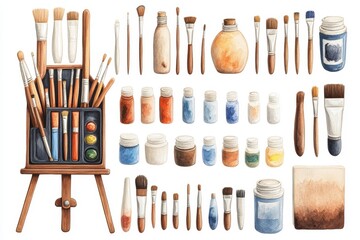Aufkleber - Art supplies laid out on a table with various brushes, paints, and easels, creating a vibrant and creative atmosphere in a studio setting