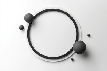 Poster - Black spheres and rings arranged on a white surface creating a minimalist abstract design suitable for modern art or interior decoration
