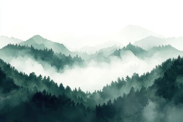 Poster - Forest landscape with tall trees fading into a misty atmosphere, showcasing varying shades of green in soft-focus during early morning light