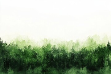 Poster - Forest landscape with tall trees fading into a misty atmosphere, showcasing varying shades of green in soft-focus during early morning light