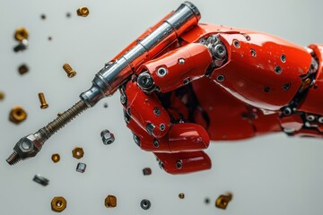 Leinwandbilder - Red robotic hand holding a metallic screw with various nuts and bolts scattered around in a modern industrial setting