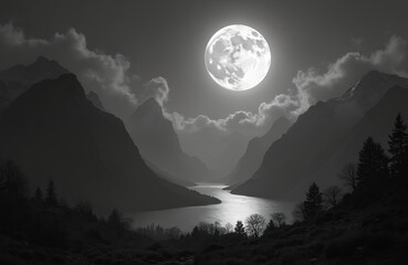 Wall Mural - Monochrome illustration of big full moon above mountains. Night scenic landscape view of hills on dark sky with clouds. Peaceful nature scene with lake, forest trees, peaceful atmosphere. Great for