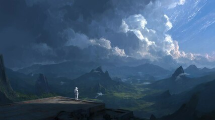Wall Mural - white suited astronaut stands on a futuristic platform, gazing at a breathtaking alien landscape wit
