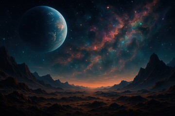 Wall Mural - alien planet landscape with view of another planet, stars, and nebulas