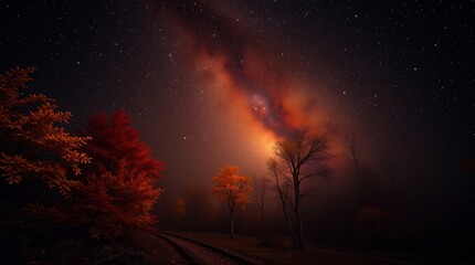 Wall Mural - Autumn forest and milky way, wallpaper