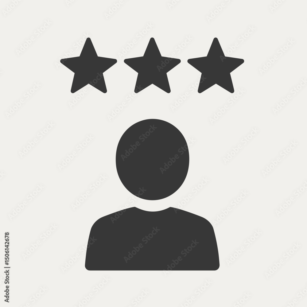 Person icon with three stars above, symbolizing rating, review, feedback, performance, quality, evaluation, excellence, score, user, and ranking
