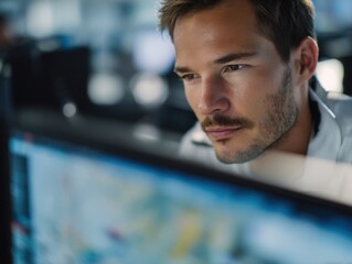 Poster - Focused Man Working Late on Computer Screen in Office, Representing Dedication and Digital Transformation for Business and Technology : Generative AI