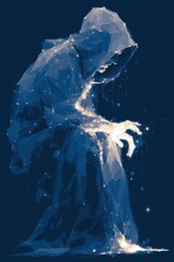 Wall Mural - abstract figure merging with glowing geometric structure on dark blue background