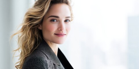 Aufkleber - Confident Businesswoman With Wavy Blond Hair Smiling Near Window, Embodying Leadership and Professional Success in the Modern Workplace : Generative AI