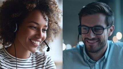 Aufkleber - Two Smiling Professionals Wearing Headsets, Representing Remote Communication and Customer Service Excellence in Modern Business : Generative AI