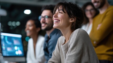 Fototapete - Diverse Team Smiling in Modern Office Environment, Showcasing Collaboration and Employee Satisfaction in a Corporate Setting, Representing Workplace Happiness : Generative AI