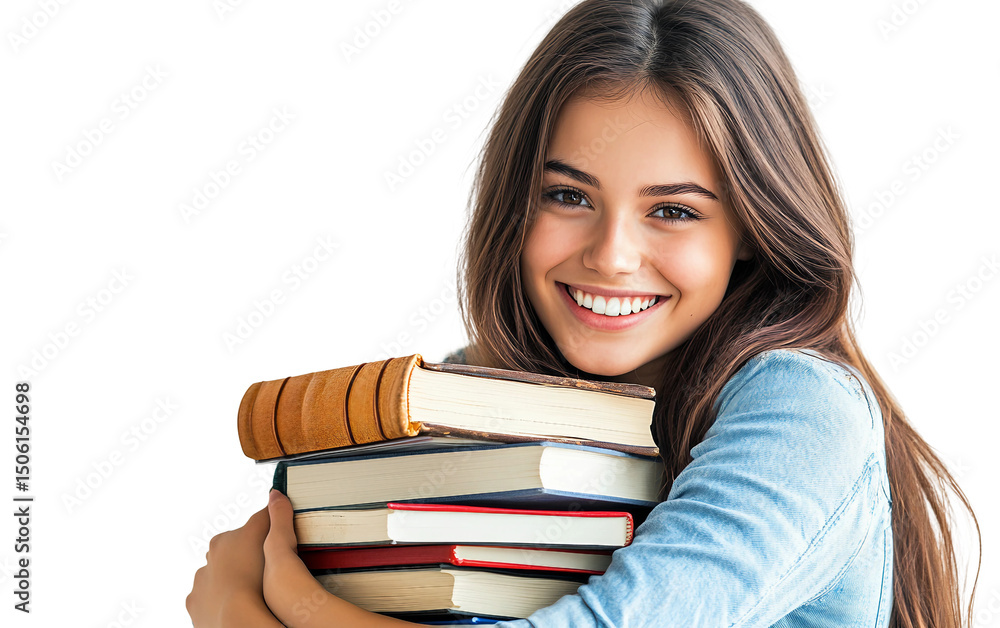 Girl hugging a stack of books with a big smile celebrating education ...