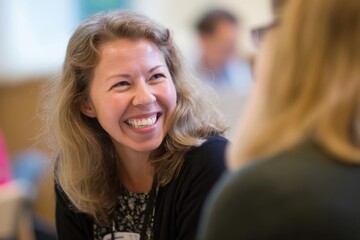 Fototapete - Smiling Woman in Meeting Looking Upward, Representing Positive Workplace Communication and Employee Engagement, with Focus on Leadership and Mentorship : Generative AI