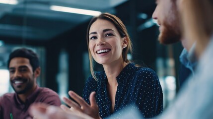 Aufkleber - Businesswoman Smiling During Meeting With Colleagues in Modern Office, Illustrating Teamwork and Corporate Communication, Perfect for Recruitment and Leadership Concepts : Generative AI