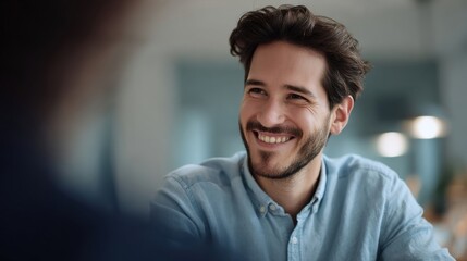 Aufkleber - Smiling Man in Blue Shirt During a Meeting, Representing Collaboration and Professional Development in the Workplace, Expressing Optimism and Teamwork : Generative AI