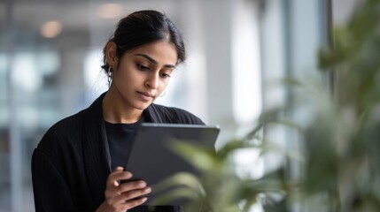 Poster - Focused Young Woman Using Tablet in Modern Office, Depicting Productivity and Digital Transformation in the Workplace : Generative AI